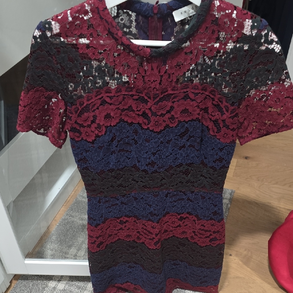 Sandro Burgundy and Navy Lace Midi Dress